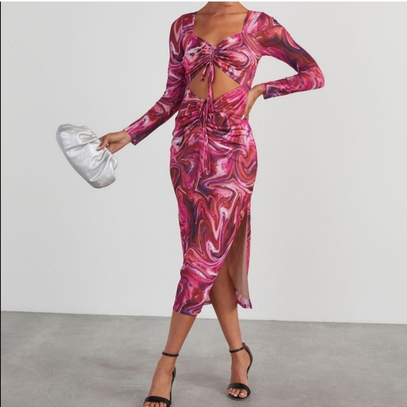 NWT VICI x ACOA Marble Print Mesh Cutout Midi Dress Red Pink Small - Picture 2 of 12